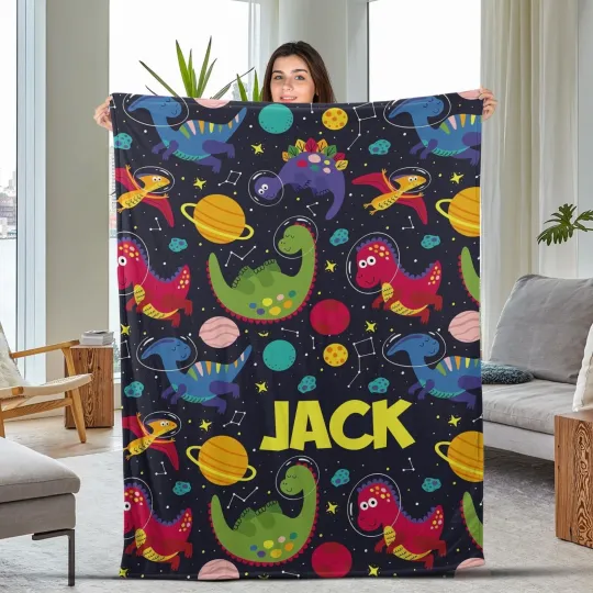 Discover Custom Space Dinosaurs Baby Name Blanket, Personalized Baby Boy Dinosaurs