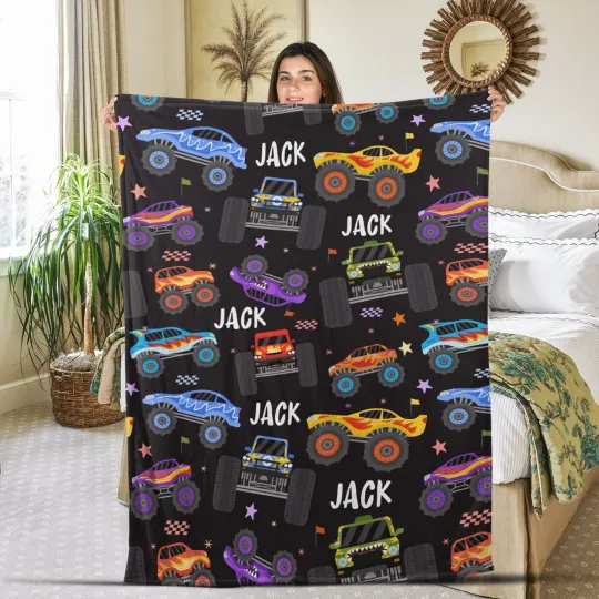 Custom Blanket for Kids,Personalized Monster Trucks Plush Fleece Blankets Gifts