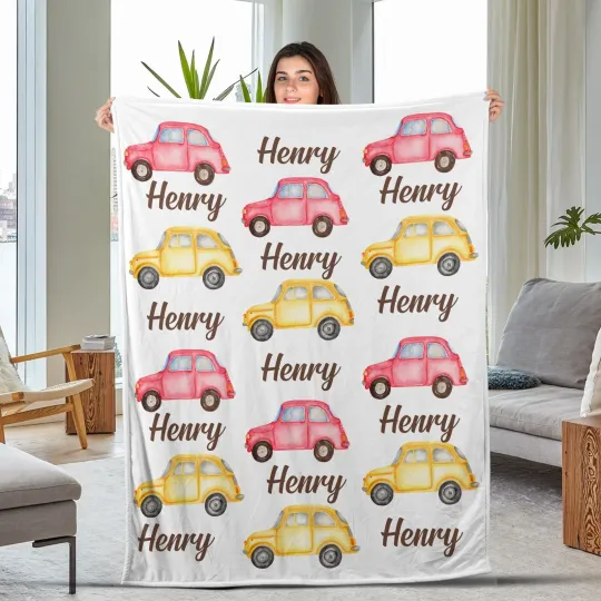 Discover Car Baby Boy Fleece Blanket, Sports Car Name Blanket, Custom Retro Car Baby Name
