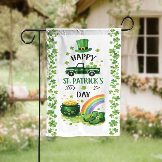 Discover Happy St. Patrick's Day Garden Flag, Shamrock Irish Decor, Lucky Truck Rainbow Flag, St. Pat's Day Outdoor Flag, Garden Decoration