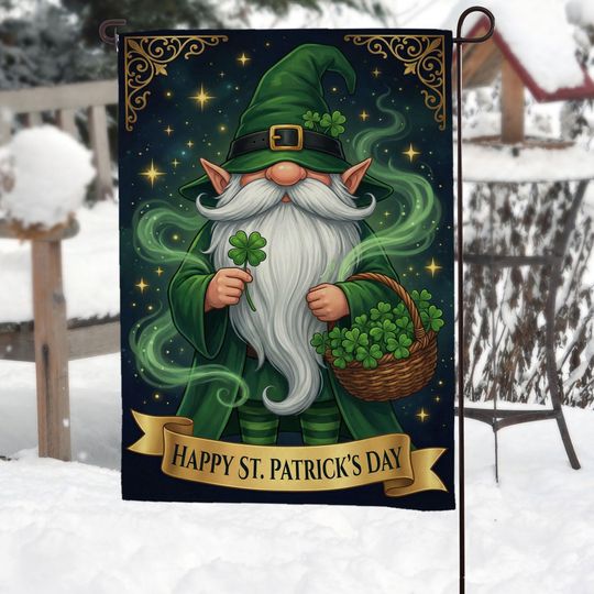Wizard Gnome Garden Flag, Magical St Patricks Day Yard Sign, Green Sorcerer With Shamrock Basket, Fantasy Irish Decor Outdoor Banner