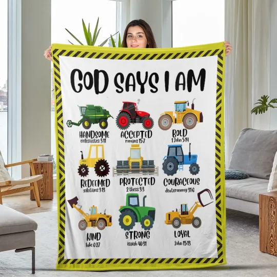 Discover Construction Truck Minky Blanket with Biblical Affirmations - God's Promises