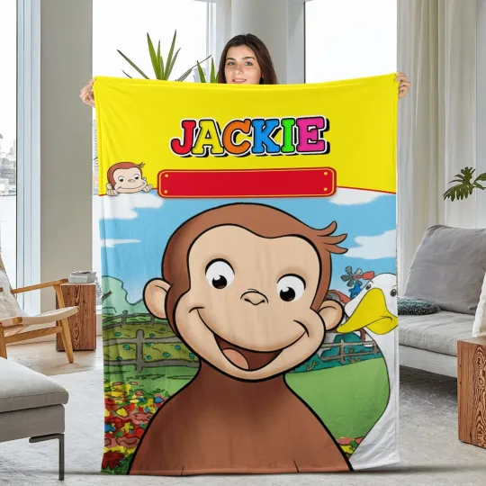 Discover Curious George Blanket, Personalized Plush Fleece Blanket, Cute Monkey