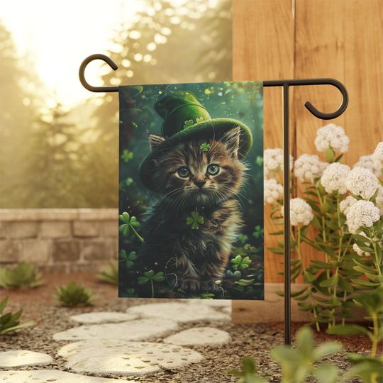 Discover Festive St. Paddy's Day Garden Flag featuring Adorable Kitten in Hat, House Flag, Outdoor Decor, Custom Garden Flag, Cat lover Gift