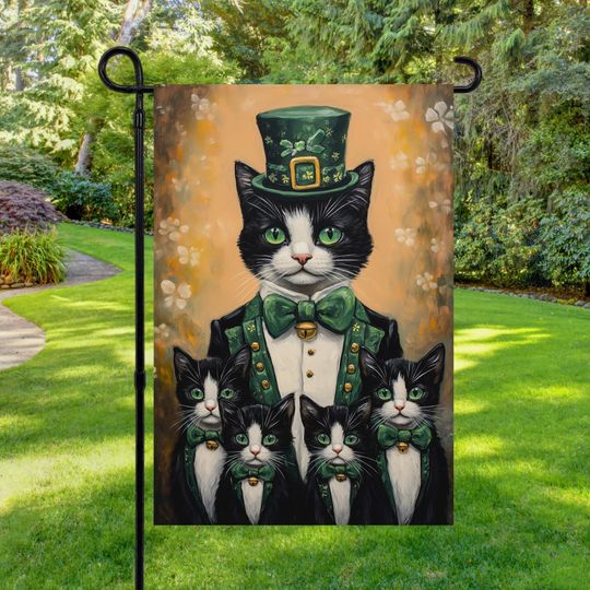 Lucky Cat St Patrick's Day Garden Flag Shamrock Cats Porch Decor