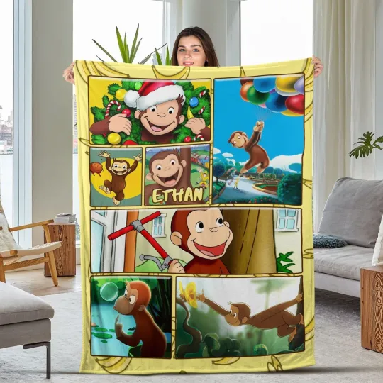 Discover Personalized Curious George Plush Fleece Blanket, Custom Name Blanket