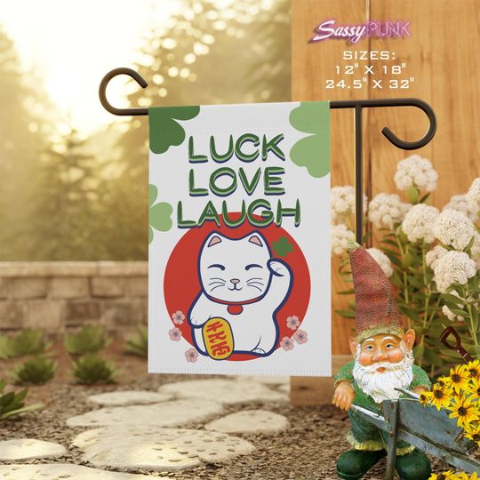 Luck Love Laugh Japanese Lucky Cat Luck Charm Fortune Garden Flag House Banner Porch Flag Maneki Neko Cat Cherry Blossom Irish Clover Leaf