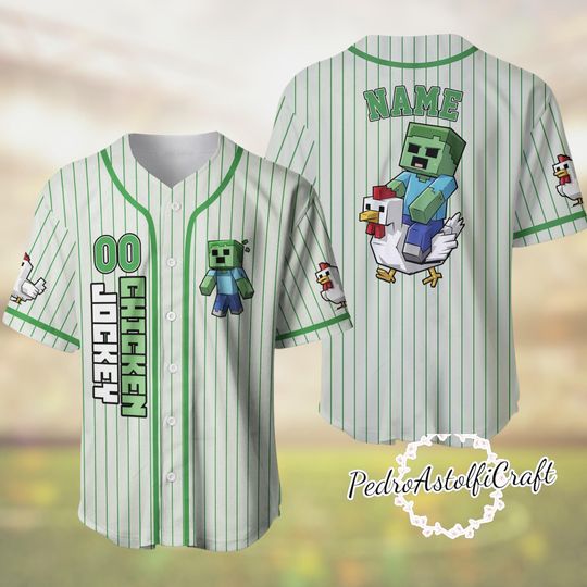 Discover Personalized Pixel Zombie Chicken Baseball Jersey, Custom Gamer Name Number Jersey, Blocky Game Style Shirt for Kids Teens