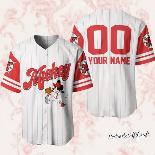 Discover Mickey Mouse Baseball Jersey, Disney Mickey Custom Name Number Jersey Shirt, Mickey Red Pinstripe Baseball Jersey
