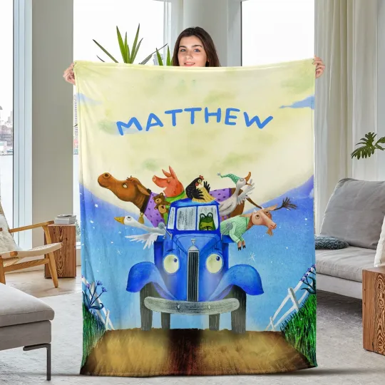 Discover Personalized Blue Truck With Animal Friends Blanket, Customized Name Blue Truck