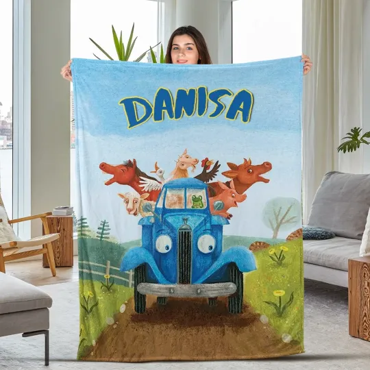 Discover Personalized Blue Truck With Animal Friends Blanket, Customized Name Blue Truck
