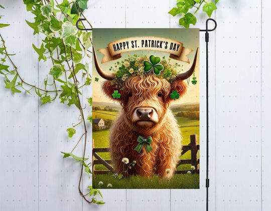 Discover St Patrick's Day Garden Flag PNG Sublimation Design Yard Flag Decor, Baby Highland Cow Rustic Welcome Garden Flag - Digital Only Shamrock