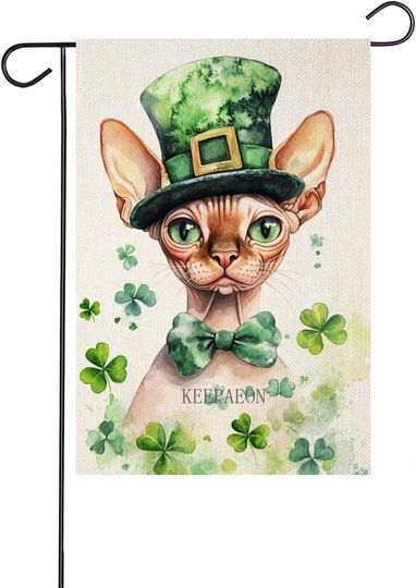 Discover St Patricks Day Shamrock Sphynx-Cat Garden Flag 12x18 Inch Double Sided for Outside Small Welcome Green Clovers Linen Holida LOI