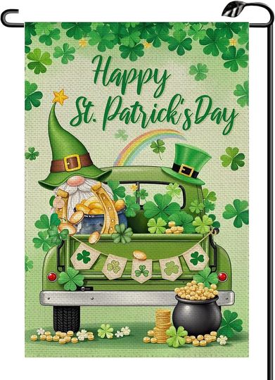 Discover St Patricks Day Garden Flag 12x18 Inch Burlap Leprechaun Gnome Shamrock Green Car Lucky Clover Yard Holiday Flag SP07 LOI