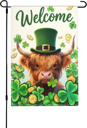 Discover St. Patrick's Day Highland Cow Welcome Garden Flag for Outside Double Sided Spring Irish Farmhouse Holiday Burlap 12x18 Inch Vertical Yard Lawn Outdoor Decoration