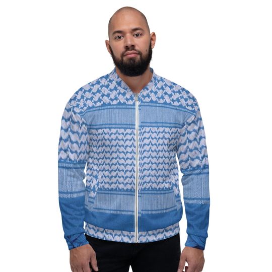 Discover Keffiyeh Scarf Design, Blue & White, Unisex Bomber Jacket