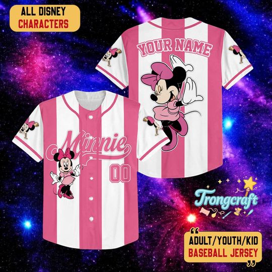 Discover Personalized Disney Minnie Baseball Jersey, Custom Name Number Pink Stripe Jersey, Kid Youth Adult Disney Trip Shirt