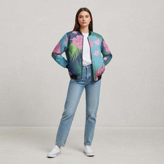 Discover Floral Hibiscus Bomber Jacket: Fleece-Lined K-Pop Cosplay Streetwear