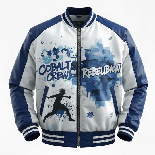 Discover Handmade Men's Fleece Varsity Jacket  Blue White Sublimation Bomber Motorcycle Biker Streetwear Sports Jacket