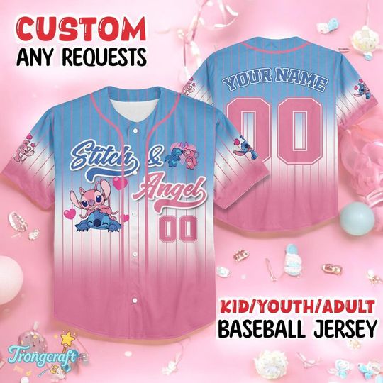 Discover Personalized Stitch Baseball Jersey, Custom Stitch & Angel Jersey for Kids Youth Adult, Disney Birthday Gift, Couple Fan Shirt