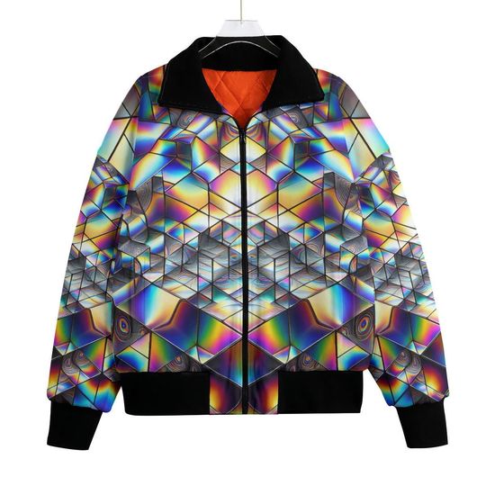 Discover Rainbow Infinity Bomber Jacket Fleece Quilted Coat Short Mens Statement Streetwear Festival Runway Cozy Warm Psychedelic Trippy Disco Rave