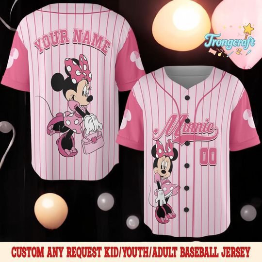 Discover Personalized Minnie Mouse Pink Baseball Jersey, Custom Name & Number Kids Youth Adult Shirt, Disney Family Matching Outfit