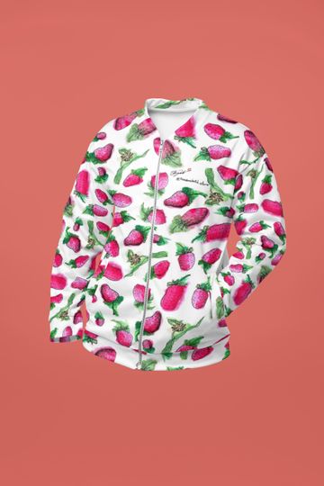 Discover Strawberry Bomber Jacket: Unisex Fleece Lined, Watercolor Art