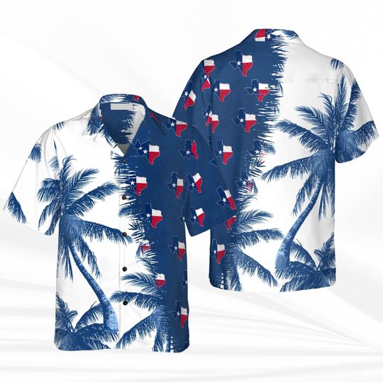 Discover Texas Flag Hawaiian Shirt for Men, Blue White Palm Tree Tropical Button-Up, Patriotic Aloha Shirt, Summer Beach Wear