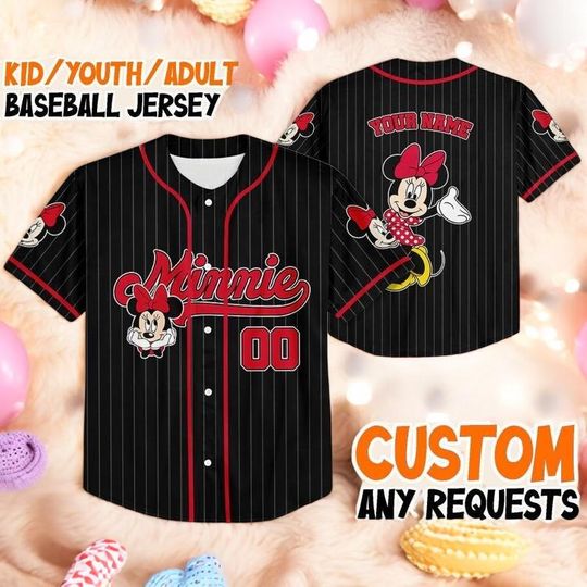 Discover Personalized Minnie Mouse Black Baseball Jersey, Custom Name Number Disney Jersey, Cute Minnie Striped Shirt, Kids Youth Adult Disney Gift