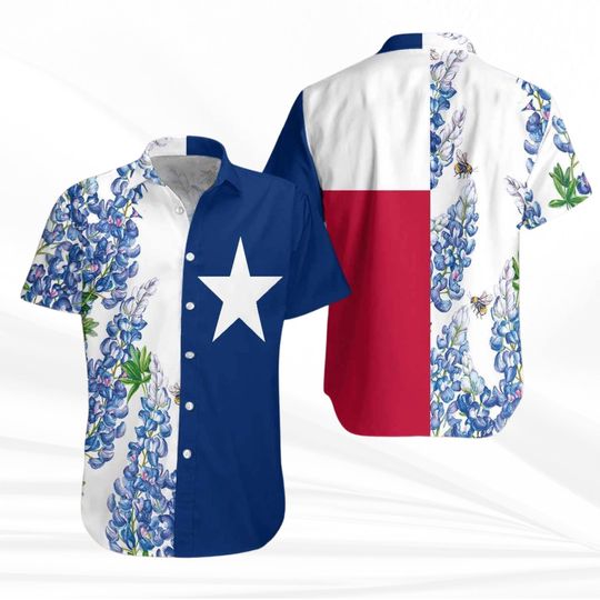 Texas Flag Bluebonnet Aloha Shirt for Men, Short Sleeve Button-Up Camp Shirt, Patriotic Floral Western Summer Top