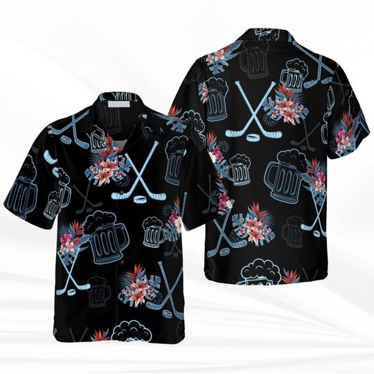 Black Hockey & Beer Hawaiian Shirt with Tropical Floral Print for Summer Vacation and Hockey Fans