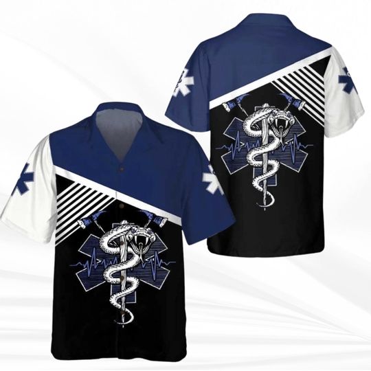 Discover Paramedic EMT Button Up Shirt, Blue Black Star of Life Snake Staff Graphic, Short Sleeve Camp Collar Uniform Gift for First Responders