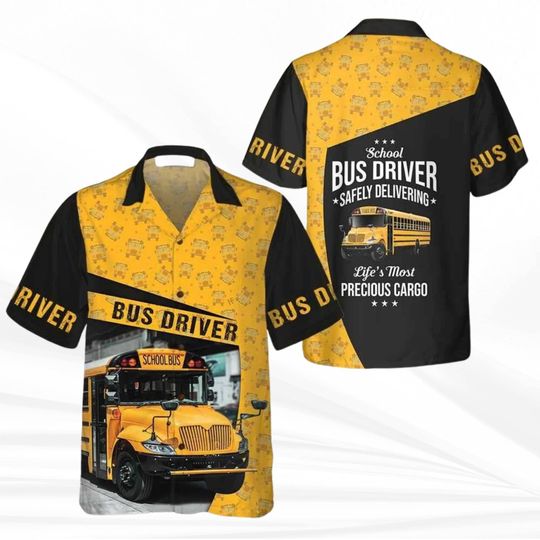 School Bus Driver Hawaiian Shirt, Yellow and Black Button-Up, Funny Driver Gift, Retro Unisex Summer Top