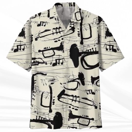 Hawaiian Button-Up Shirt Music Note Print Short Sleeve Collared Shirt for Jazz Lovers