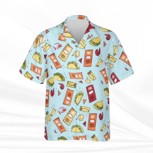 Discover Funny Taco Hawaiian Shirt for Men and Women, Light Blue, Camp Collar, Short Sleeve, Beach Vacation Top
