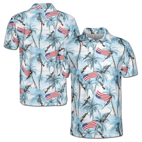 Discover Gun Palm Tree USA Flag Blue 3D Men's Polo Shirt S-5XL