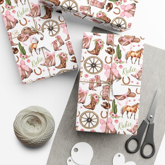 Discover Custom Cowgirl Wrapping Paper Pink Custom Cowgirl Birthday Party Supplies Cow Girl Country Personalized Coastal Cowgirl Wrap
