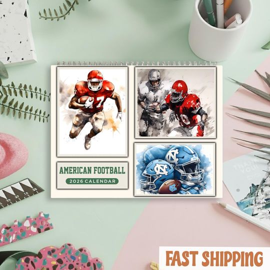 Discover 2026 American Football Calendar, Colorful Sport Illustration Wall Art, Monthly Sports Poster for Football Fans