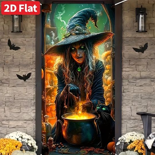 Discover 1PCS Halloween Witch and Cat Party Banner - Horror Witch and Black Cat Boiler Background Decoration - Indoor/Outdoor Decoration