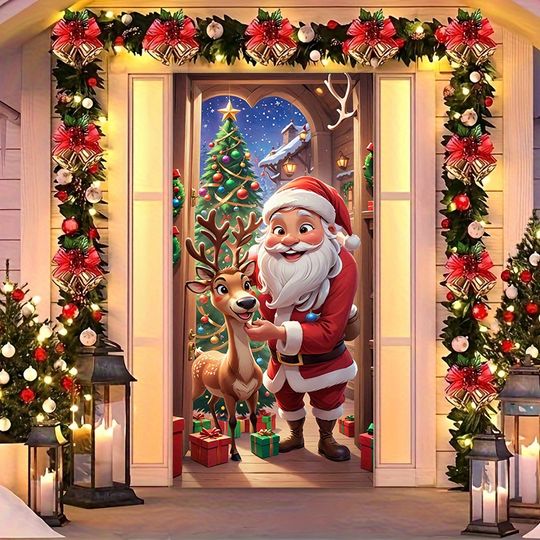 Discover 2D flat, Santa Claus and reindeer door flag -2D flat Christmas decoration, Santa Claus feeding reindeer
