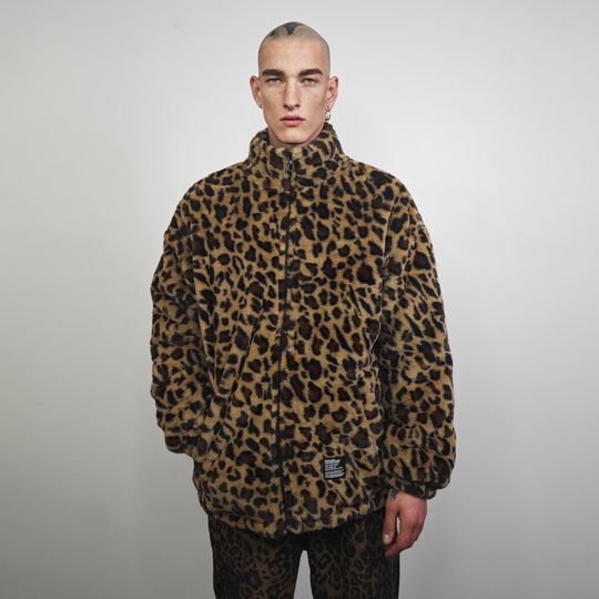 Brown Leopard Fleece Jacket, Zip Up Animal Print Coat, Unisex Streetwear Bomber, Wild Cat Festival Outerwear, Tracksuit