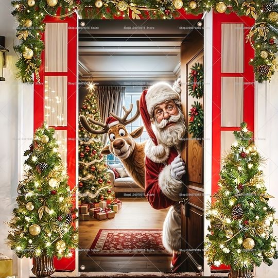Discover 1Pc Merry Christmas Santa Claus Door Hanging Cover Banner Photography Background Indoor And Outdoor Porch Decoration