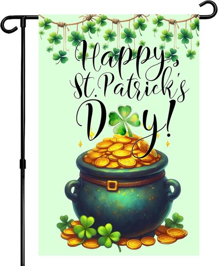 Discover St Patricks Day Shamrocks Garden Flag 12x18 Inch Double Sided for Outdoor Pot of Gold & Coins Small Green Clovers Lucky  DDN