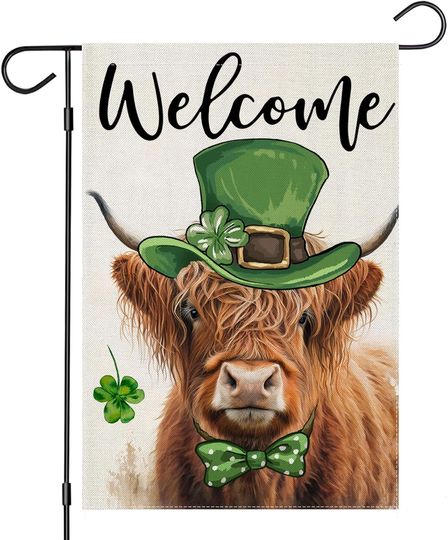 Discover Welcome St Patricks Day Garden Flags for Outside, Highland Cow with Green Hat Lucky Shamrocks Yard Decoration, Small Seasona UUV