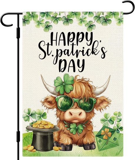 Discover DLZDN Happy St Patricks Day Highland Cow Garden Flag 12×18 Inch Double Side Vertical Burlap Farmhouse Yard Sign Spring Holid OOA