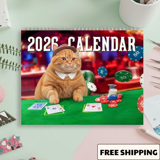 Discover Cat Poker Calendar 2026, Mental Healthy Cat Wall Calendar, Luxury Pet Gift