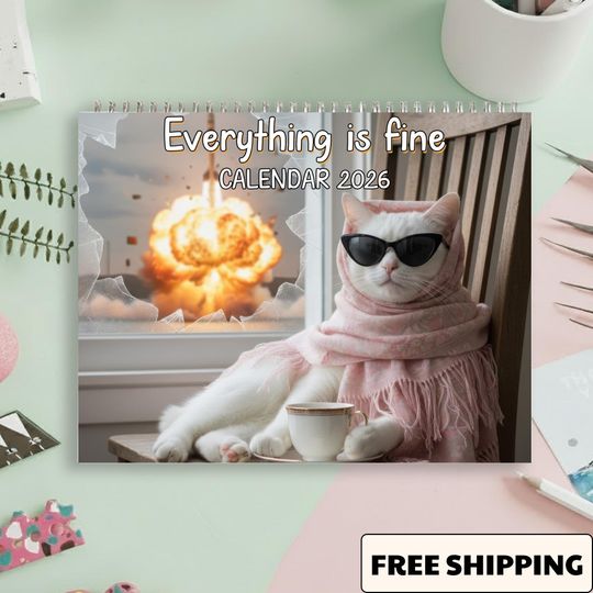 Discover Everything Is Fine Cat Calendar 2026, Funny Aesthetic Wall Calendar, Mental Health Cat Calendar
