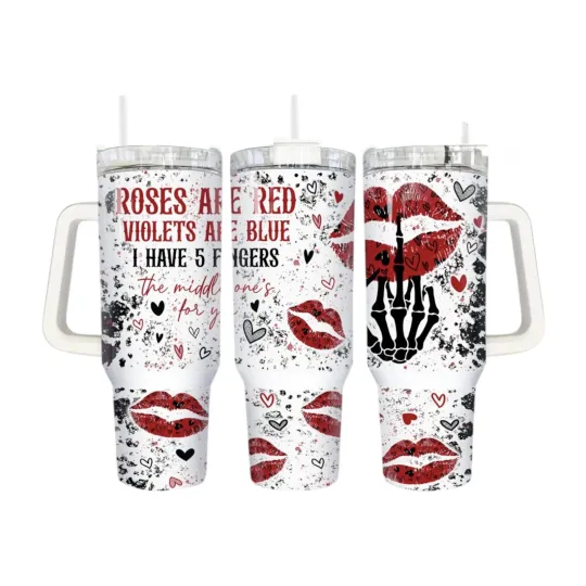 Discover Handmade 40oz Stainless Steel Tumbler with Handle - Valentine Heart Skeleton Hand Design