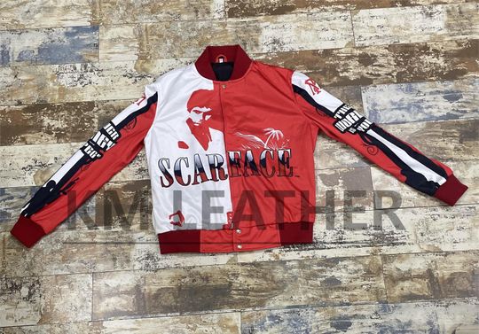 Tony Montana Scarface Jacket | Red & White Varsity Fleece Jacket | Jeff Hamilton Style Scarface Bomber | Hip Hop Streetwear Jacket
