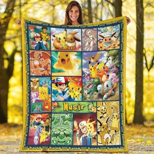 Personalized Plush Fleece Blanket Pika Bulbasaur Eevee Charmander Squirtle
